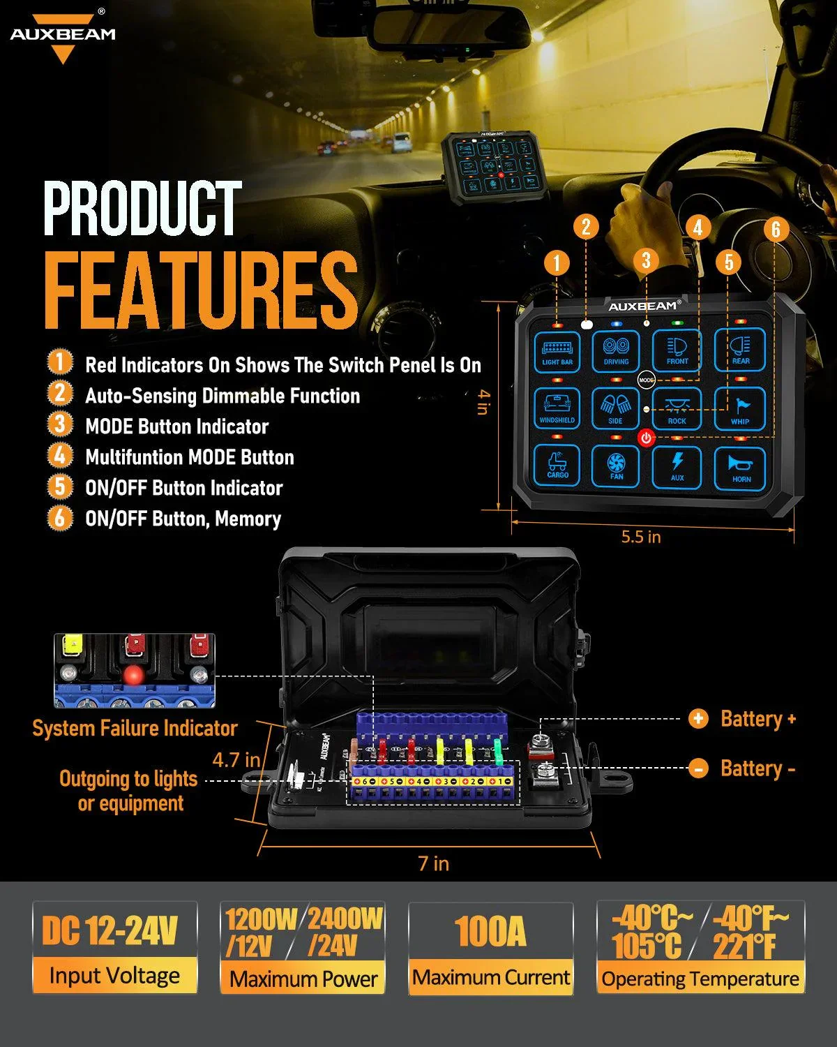 Auxbeam 12 Gang RB120 RGB Switch Panel, Toggle Momentary Pulsed Mode Supported - Image 3