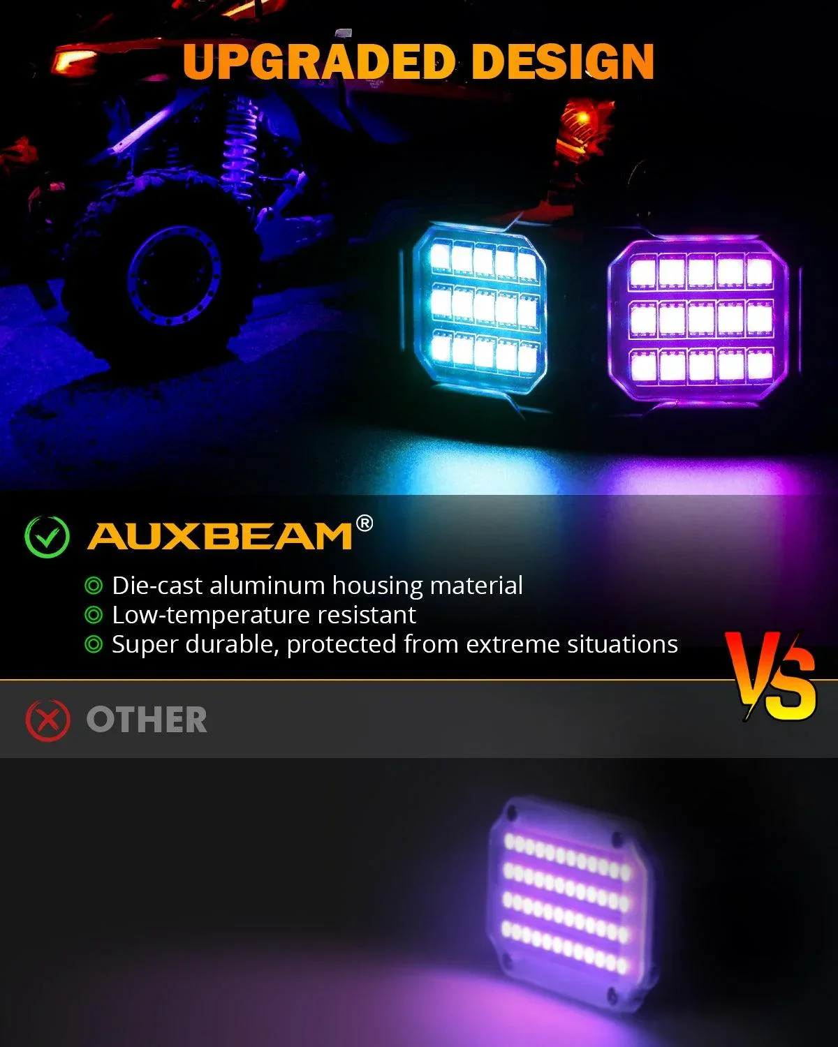 Auxbeam 4PCS RGB LED Rock Lights Kit Multicolor Neon Underglow Lights with Bluetooth APP & Remote Control - Image 2