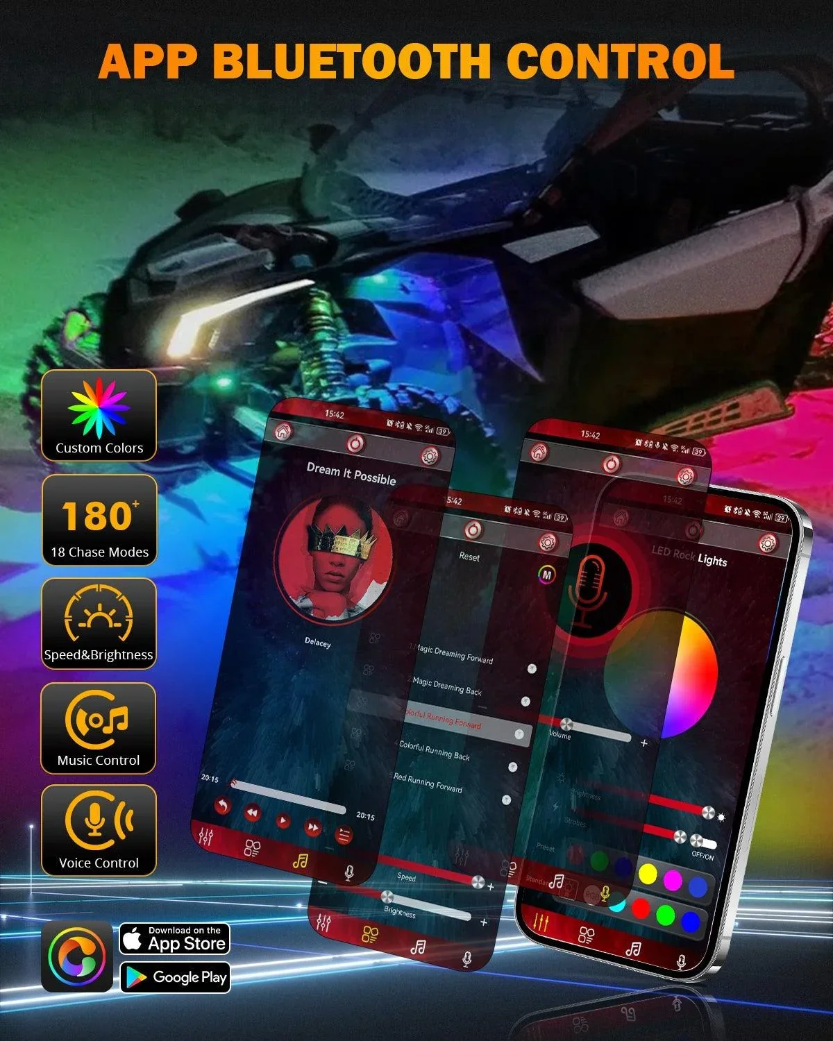 Auxbeam 4PCS RGB LED Rock Lights Kit Multicolor Neon Underglow Lights with Bluetooth APP & Remote Control - Image 4