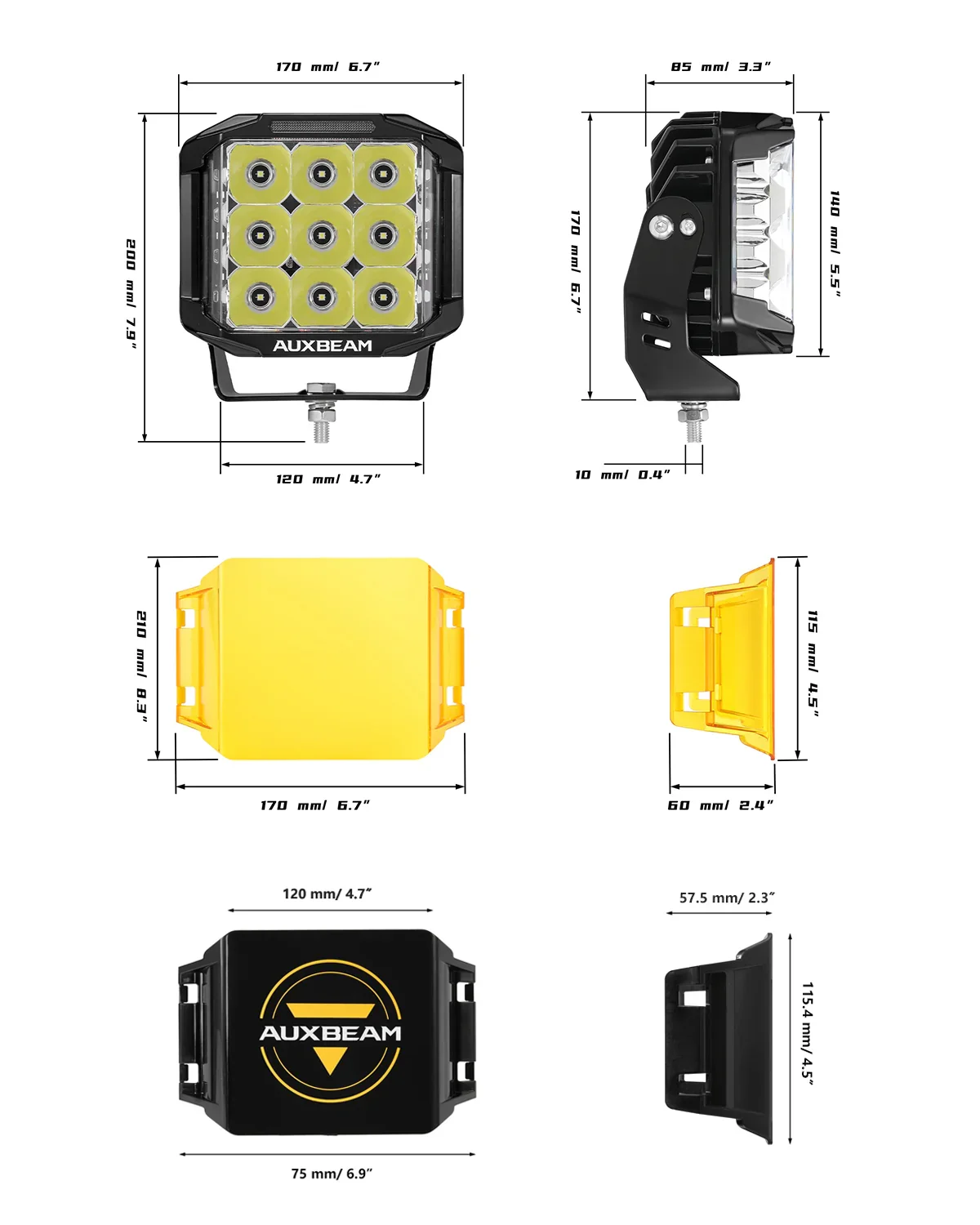 Auxbeam V-MAX Series 7 Inch 228W 26100LM Spot Beam Side Shooter LED Square Pod Lights with Amber DRL&Backlight - Image 4