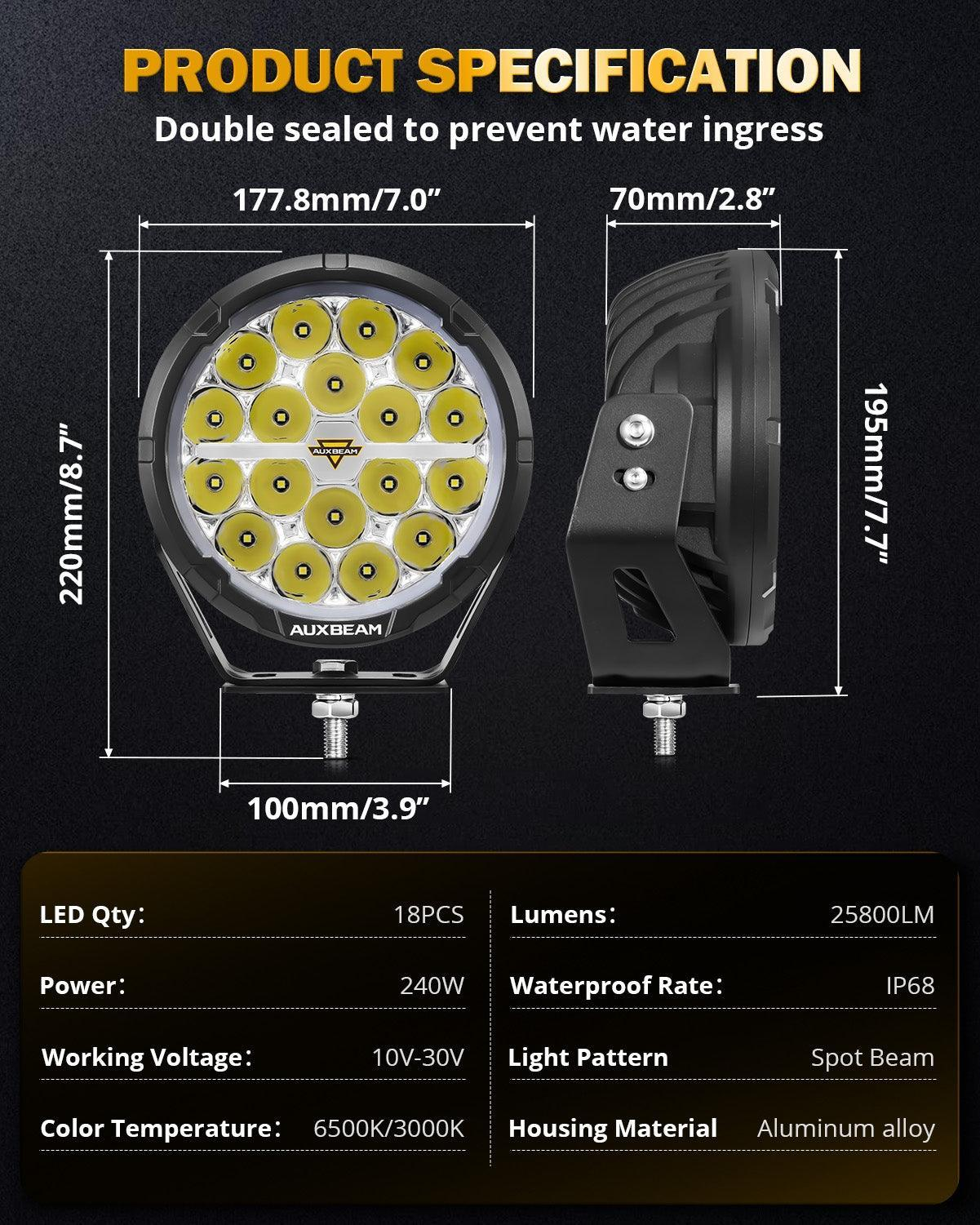 Auxbeam RAY-L Series | 7 Inch 240W 25800LM Dual DRL Offroad LED Driving Lights - Image 6