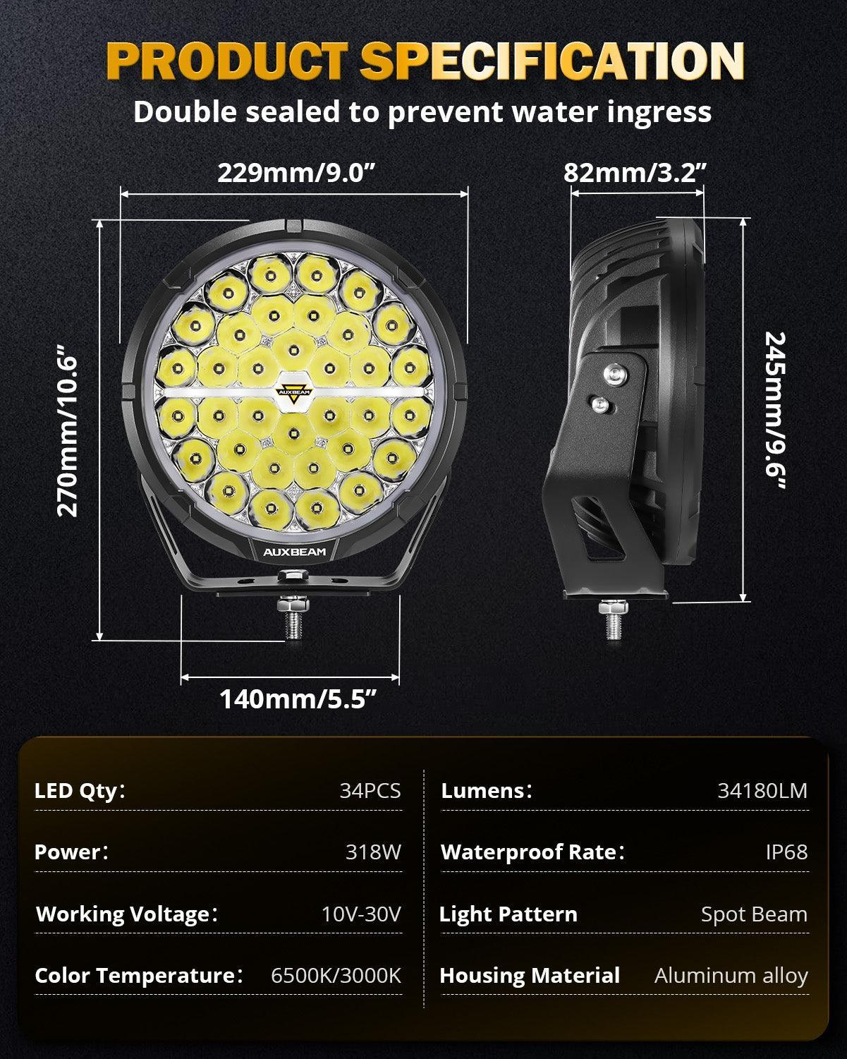 Auxbeam RAY-L Series 9 Inch 318W 34180LM Dual DRL Offroad LED Driving Lights - Image 6