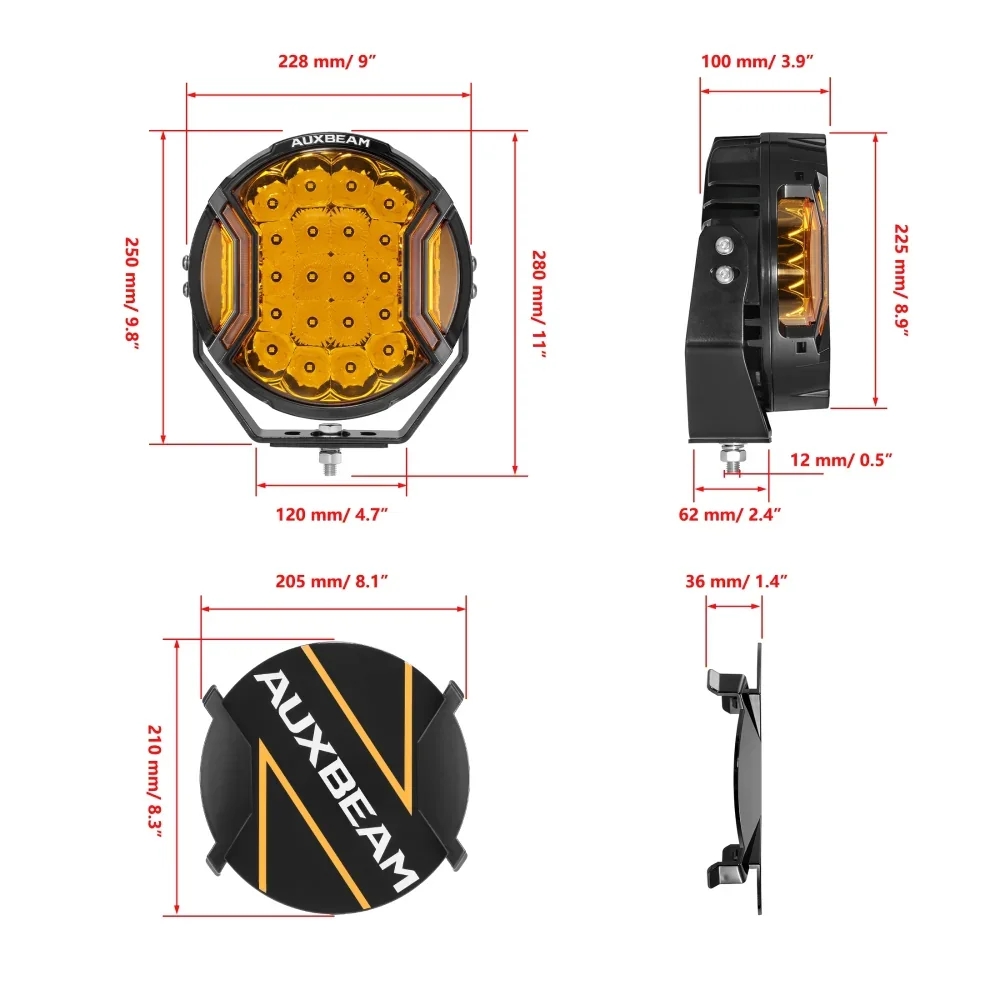 Auxbeam V-ULTRA 9 Inch 300W LED Side Shooter Amber Driving Lights with Amber DRL - Image 6