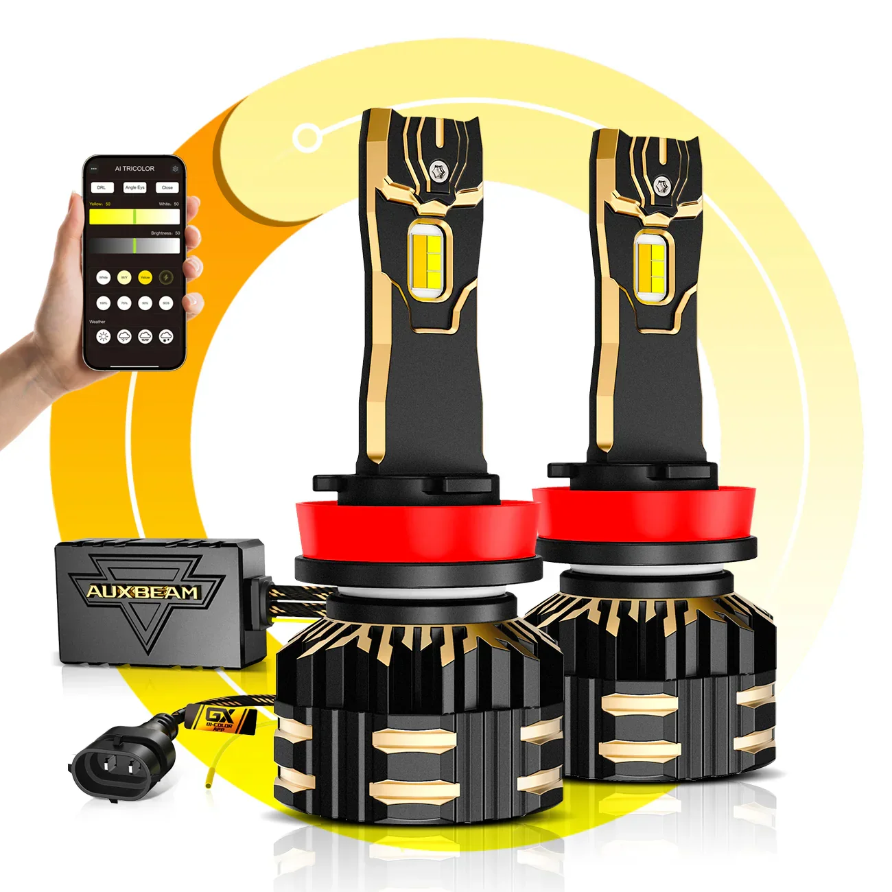 Auxbeam H11 H9 H8 H16 LED Bulb 110W 25000LM GX with App Control Dual Color