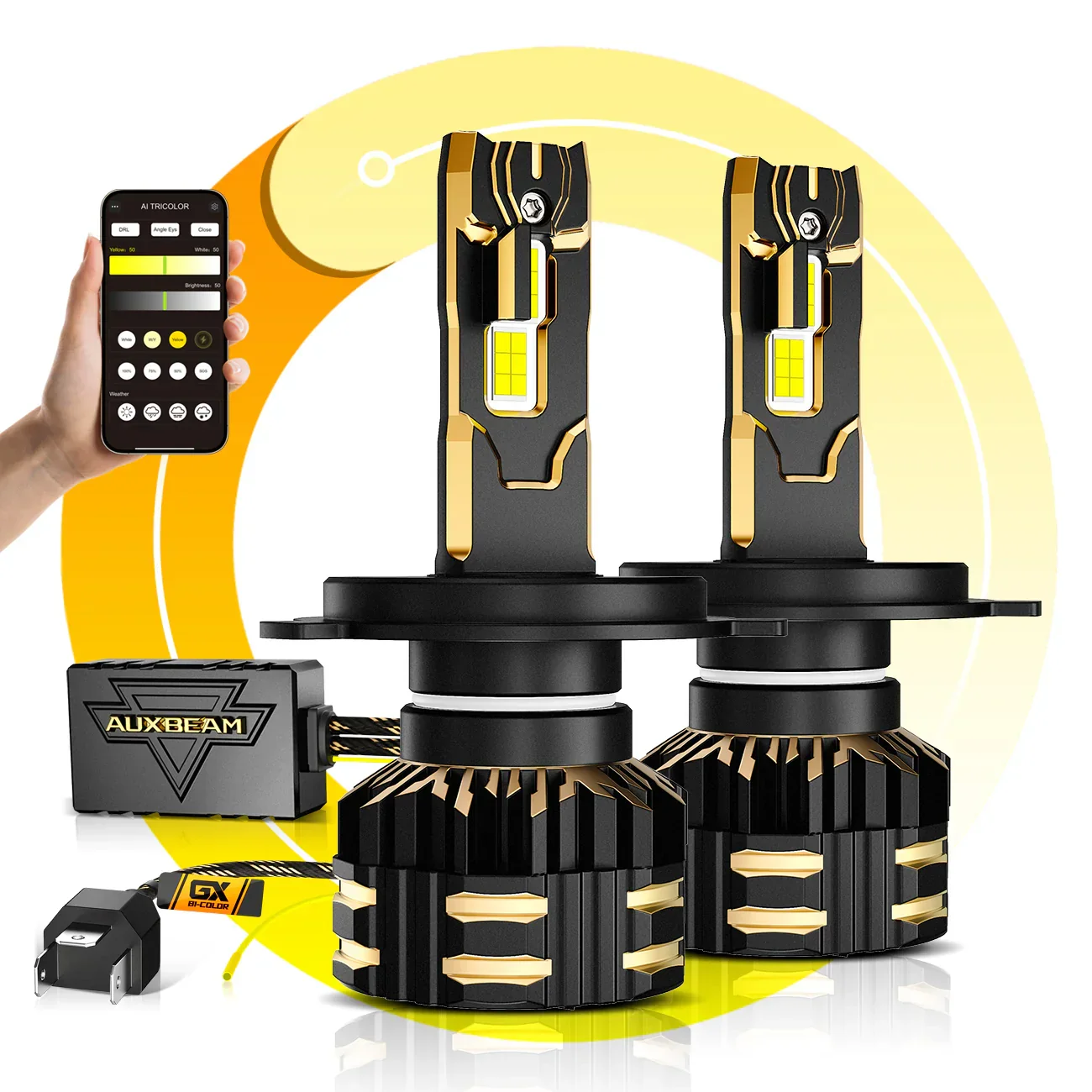 Auxbeam H4 LED Headlight Bulbs 110W 25000LM GX Bi-Color Smart Series, with App Control Via Bluetooth & Dual Color Switchback